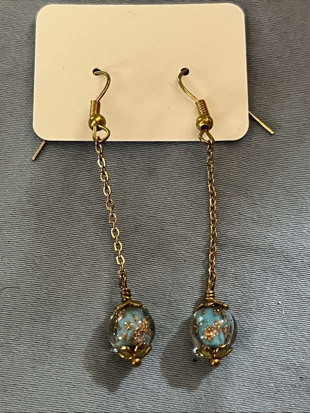 #64 - Gold Chain Drop Earrings w/ Blue Murano Glass Beads w/ Gold Infusion